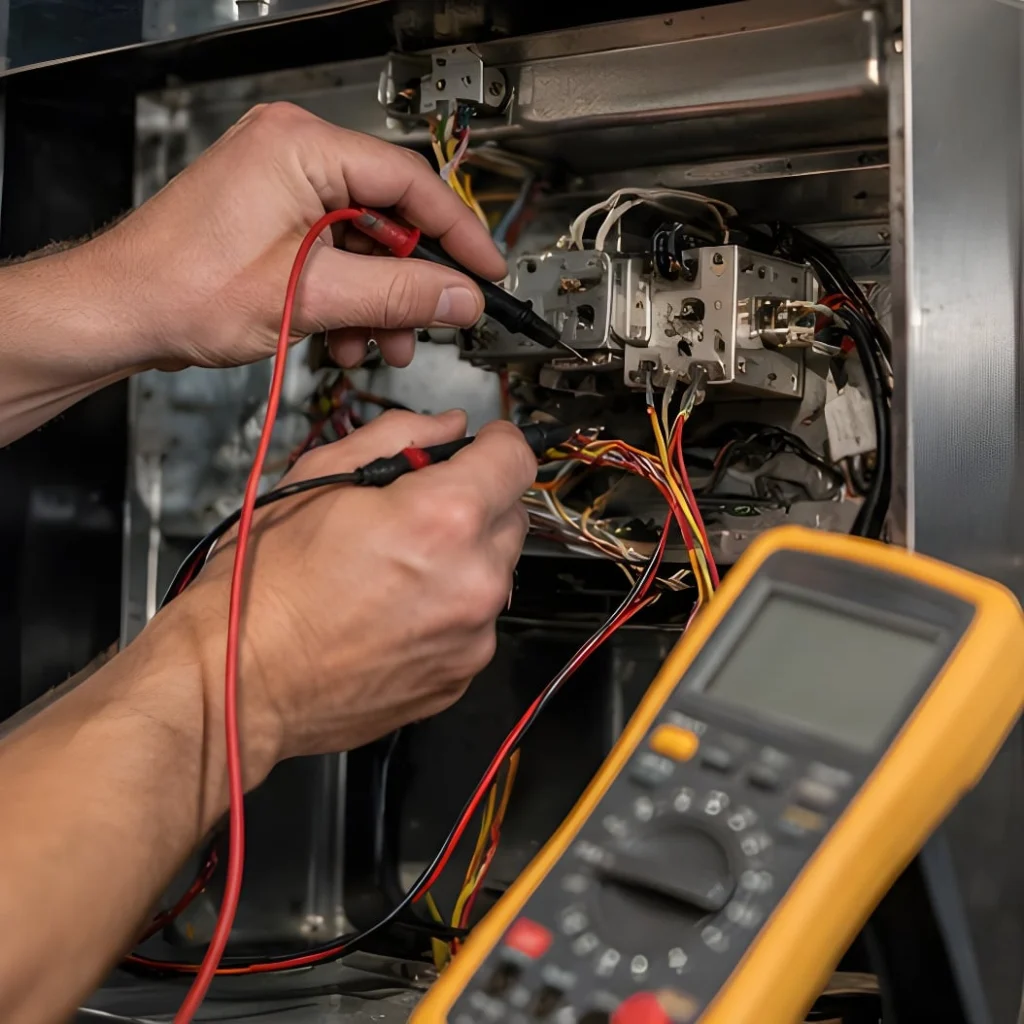 Multimeter probes testing exposed cooking-appliance control components