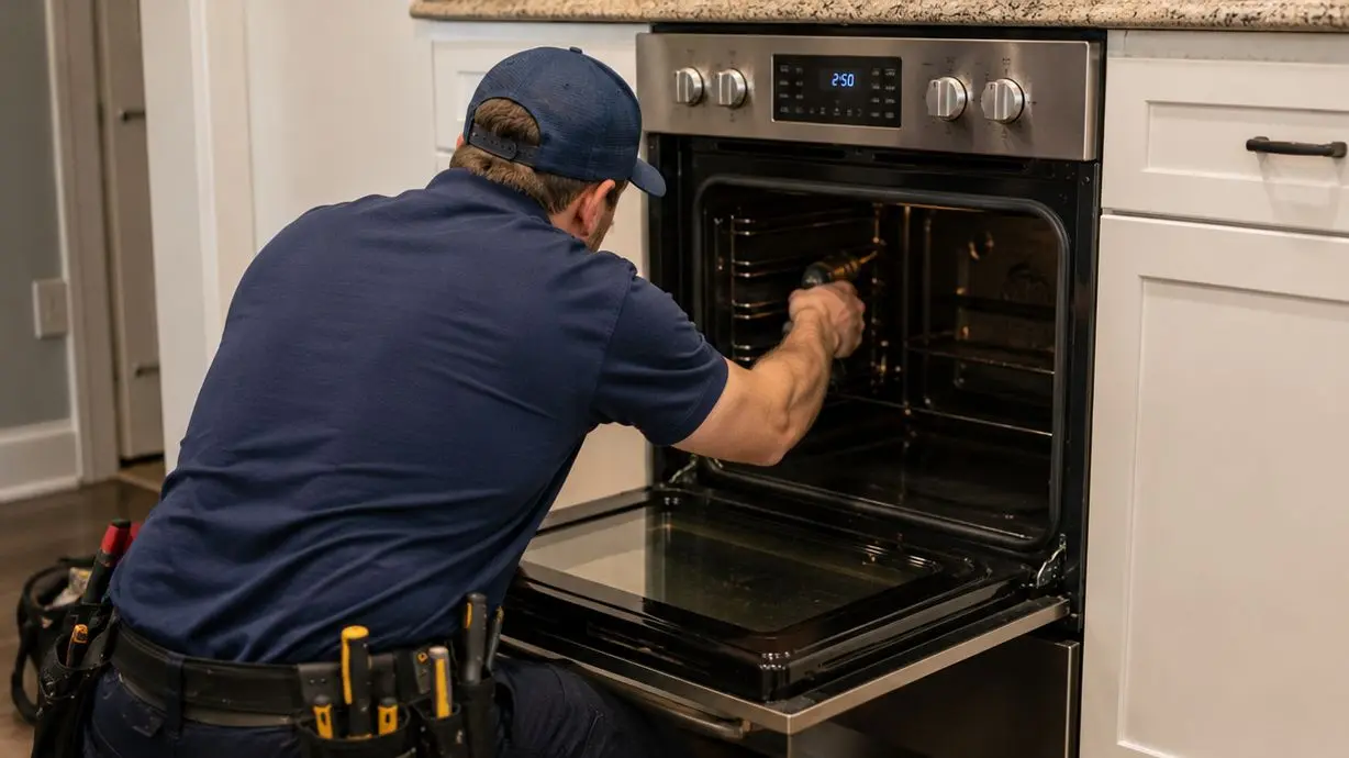 Technician working inside a stainless-steel range with its oven door open